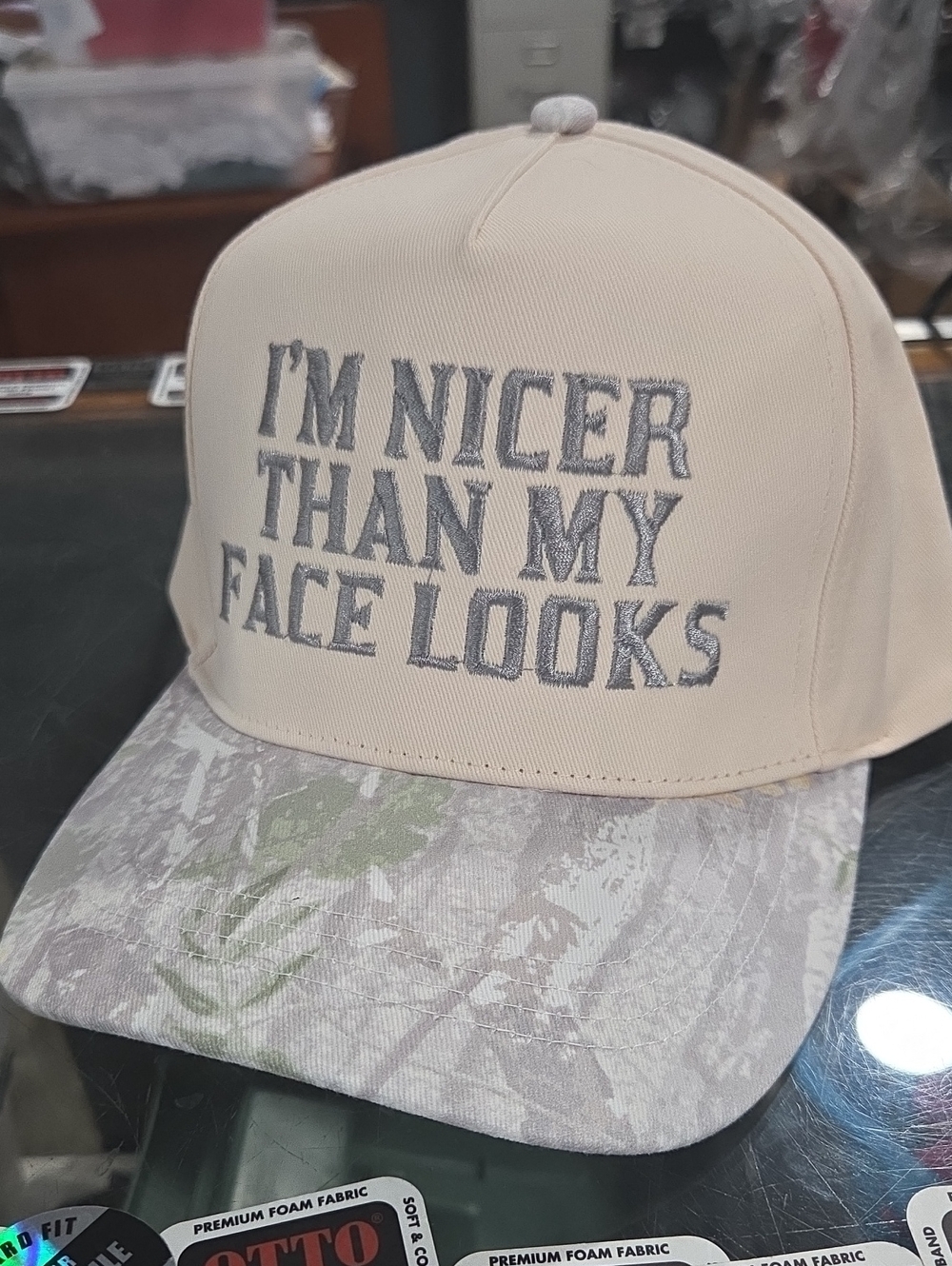 Beige Cap with 'I'M NICER THAN MY FACE LOOKS' Embroidery